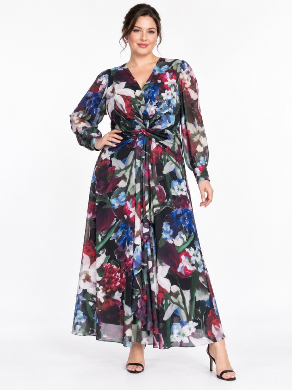 Anne Klein - Floral Twist-Front Long Sleeve Maxi Dress